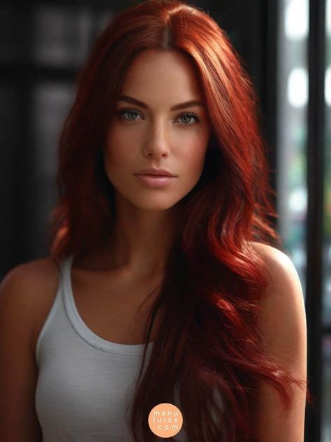 Get inspired by 25 red hair color ideas to inspire you in choosing your favorite shade of red hair for your next hair change! Ideas for: golden copper hair, dark copper hair, chocolate red hair, deep cherry red hair, crimson red hair, natural red hair, red hair woman, red hair styles, red hair aesthetic, dark cherry red hair, red hairstyles, light red hair, red hair balayage. Muted Red Hair Color, Red Hair Cowgirl Aesthetic, Mahogany Auburn Hair Color, Red Long Hairstyles, Redheads Wearing Red, Red Hair For Light Skin Tones, 5rr Hair Color Red, Dark Red Hair Blonde Highlights, Red Hair Woman Character Inspiration