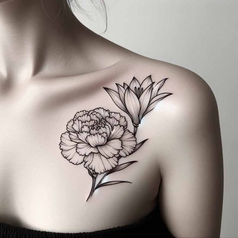 Water Lily And Carnation Tattoo, Carnation Sleeve Tattoo, Carnation And Water Lily Tattoo, Carnation Butterfly Tattoo, January And July Birth Flower Tattoo, Carnation Flower Tattoo Design, Carnations Tattoo, January Flower Tattoo, January Birth Flower Tattoo