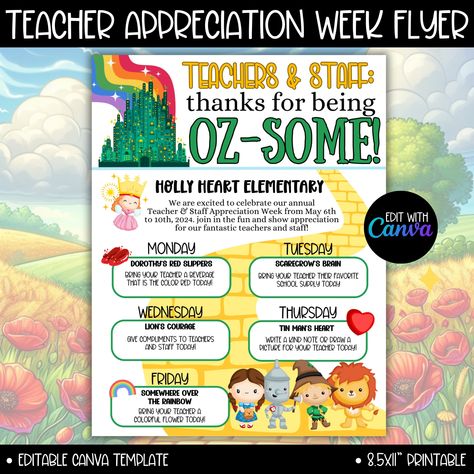 Teacher and Staff Appreciation Week Oz Theme Flyer Template, Editable Canva PTA PTO Event Flyer, Wizard of Oz Appreciation Themes and Ideas - Etsy Appreciation Themes, Teacher Appreciation Week Themes, Teacher Appreciation Themes, Staff Appreciation Week, Digital Printing Services, Staff Appreciation, School Community, Teacher Appreciation Week, Event Flyer