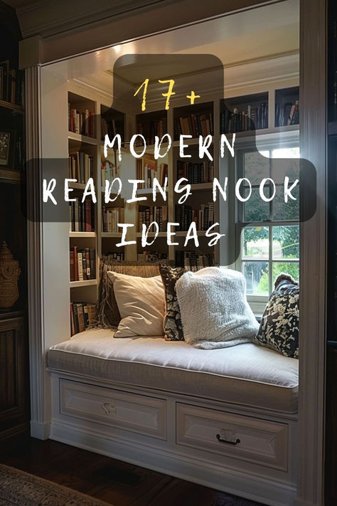 Want a stylish escape? Check out these 17 modern reading nook ideas for adults that blend comfort and elegance. Click to see the full list! 📚✨ #ReadingNook #HomeDecor #ModernDesign #CozySpaces #InteriorInspo Small Closet Turned Into Reading Nook, Closet Library Nook, Closet Reading Nook For Adults, Reading Nooks For Adults, Small Bay Window Ideas Living Room, Adult Reading Nook, Library Nook Ideas, Daybed Reading Nook, Loft Reading Nook