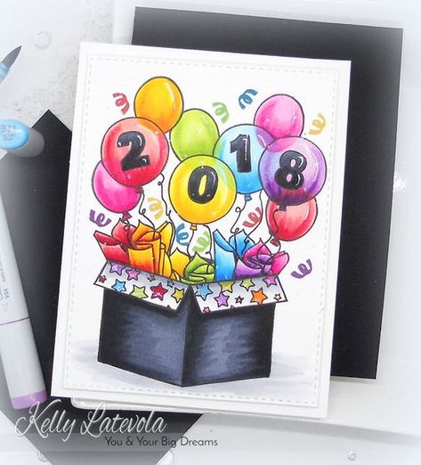 Happy New Year 2018! Coloring Transparent Balloons New Year Cards Handmade, New Years Drawing Ideas, New Year Card Making, New Year's Drawings, Kelly Taylor, New Year Card Design, Balloon Cards, Celebration Box, Card Design Handmade