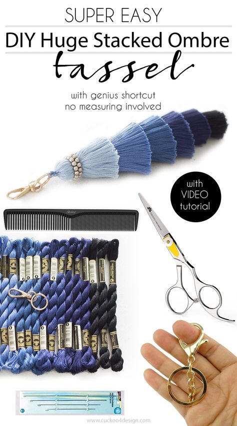 How to make a large stacked tassel with ombre colors | DIY huge stacked ombre tassel with a genius shortcut. No measuring involved! | DIY ombre tassel | how to make a stacked ombre tassel | tassel DIY | blue ombre tassel | purse tassel | home decor tassel #tassel #tassels #DIYtassel #pursecharms Diy Ombre, Tassel Purse, Diy Tassel, Purse Charms, Blue Ombre, Wooden Diy, Embroidered Friendship Bracelet, Easy Diy, Tassels