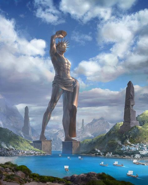 Colossus Of Rhodes, Greek Mythology Art, Fantasy City, Fantasy Places, Mythology Art, Greek Art, Fantasy Art Landscapes, Fantasy Concept Art, Jolie Photo