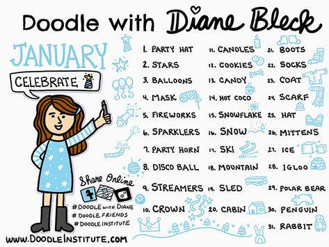 Doodle Challenge January, January Drawing Prompts, January Drawing Challenge, Doodle Prompts, Super Drawing, Doodle Challenge, Journal January, Bu Jo, January Art