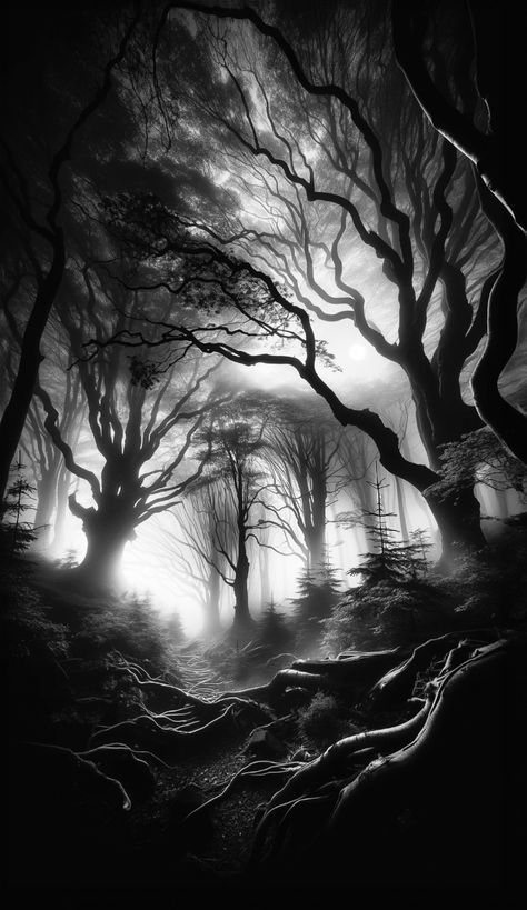 Dark Landscape Drawing, Gothic Screensaver Wallpapers, Creepy Forest Art, Dark Forest Concept Art, Creepy Woods Aesthetic, Creepy Forest Drawing, Dark Jungle Aesthetic, Creepy Tree Tattoo, Dark Concept Art