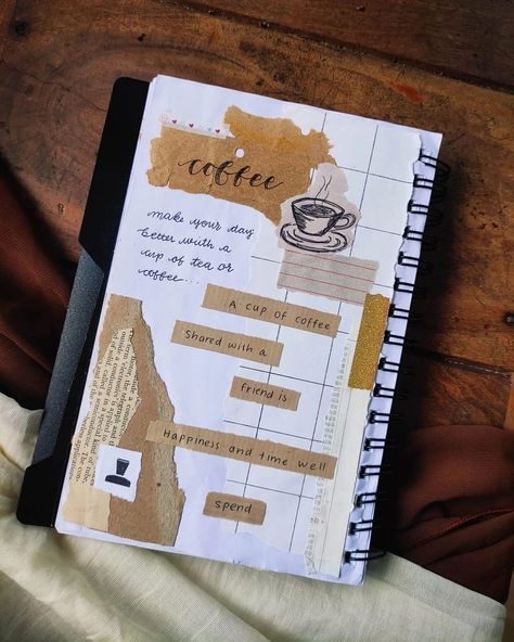 Dairy Design Ideas Journal, Vintage Journal Ideas Simple, Coffee Theme Journal Ideas, Self Journal Ideas Aesthetic, Opening Page Of Journal, Journal Start Page Ideas Aesthetic, Journal Ideas Aesthetic Vintage Easy, Coffee Journal Aesthetic, Exam Pad Decoration Ideas