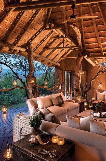 Lose the thatch and wood - simple beige couches and rustic lodge / velt decorations. Safari Lodge Interior, African Lodge, Bush Lodge, Lodge Ideas, Lodge Design, Glamping Resorts, African Interior, Game Lodge, Glamping Site