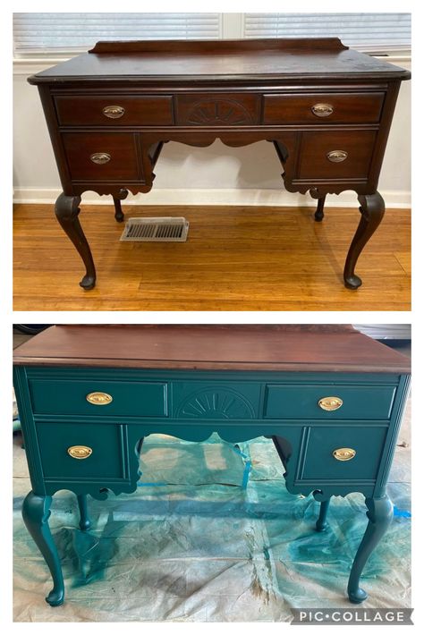 Small vintage Queen Anne style writing desk Antique Writing Desk Makeover, Queen Anne Dresser Makeover, Refinishing Queen Anne Furniture, Upcycled Queen Anne Furniture, Desk Refurbish, Writing Desk Makeover, Queen Anne Desk, Queen Anne Coffee Table, Queen Anne Bedside Table