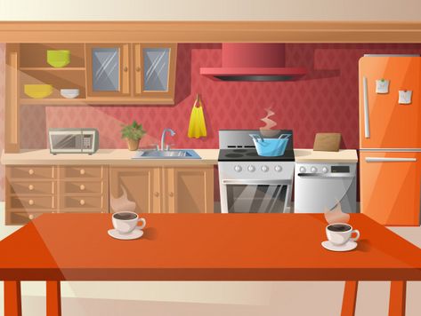 Cartoon illustration of kitchen. | Premium Vector #Freepik #vector Kitchen Illustration Art, Vector Kitchen, Kitchen Cartoon, Kitchen Illustration, Kitchen Background, Cloud Kitchen, Wallpaper Images Hd, Kitchen Games, Cartoon House