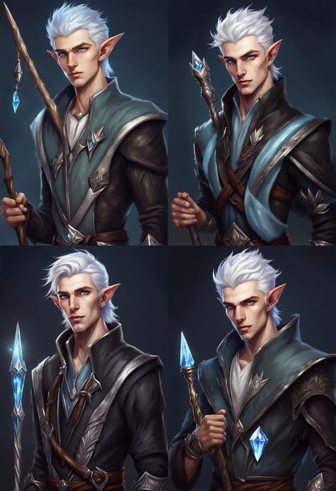 A realistic male elf mage. He is very lean, with an athletic build, a medium tone skin, pale blue eyes, and light silvery hair. His ears are... - AI Generated Artwork - NightCafe Creator Pale Blue Eyes, Male Elf, Tone Skin, Athletic Build, Cafe Logo, Blue Crystals, Blue Hair, Cool Artwork, Beautiful Artwork