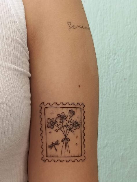 Tattoo Ideas Female Medium Size, Tulip Stamp Tattoo, Square Tattoo Frame, Stamp Style Tattoo, Stamp Tattoo Placement, Patch Sleeve Tattoo Women, Upper Knee Tattoo Women, Postal Stamp Tattoo, Small Mexican Tattoo