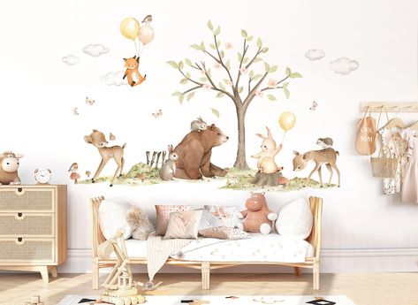 Forest Animals Wall Tattoo for Children's Room Bear Rabbit - Etsy Baby Room Wall Stickers, Woodland Wall Decals, Woodland Stickers, Boho Baby Room, Kids Room Wall Stickers, Classroom Wall Decor, Woodland Wall, Forest Wall Mural, Animal Wall Decals