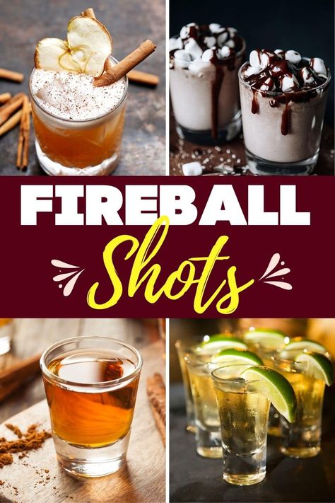 Shots With Fireball Whiskey, Drinks Made With Fireball, What To Mix With Fireball, Mini Fireball Gift Ideas, Fireball Shots Recipes, Mixed Drinks With Fireball, Fireball Shooters, Fireball Mixers, Fireball And Rumchata