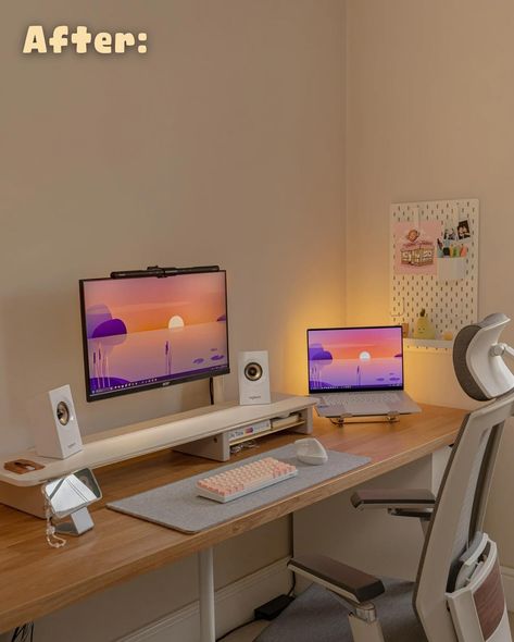 Pc Setup With Laptop, Dual Monitor And Laptop Setup, Ikea Monitor Stand, Macbook Office Setup, Desk Setup Monitor And Laptop, Laptop With Monitor Setup, Desk Setup Laptop, Setup Laptop, Desk Apartment