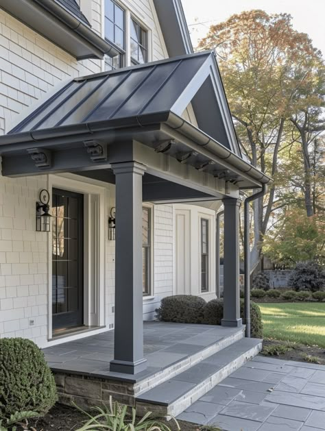 Front Porch With Peak Roof, Front Porch Addition Modern, Portico Over Garage Doors, Front Porch With No Railing, Side Entry Porch Ideas, Traditional Roof Design, Front Door Awnings Entrance House, Side Porches On House, Open Porch Ideas Uk