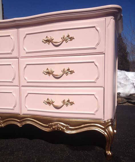 Pink Gold Dipped Dresser, French Provincial Dresser, Vintage nursery dresser, Painted Dresser Vintage Nursery Dresser, Dipped Dresser, Painted Nursery, Pink Dresser, Provincial Dresser, Dresser Redo, French Provincial Dresser, French Provincial Furniture, Provincial Furniture