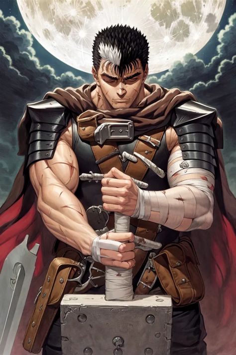 Guts is a tall, muscular man with a scarred face and a missing left eye. He wears a black cloak and carries a large sword. He is standing in front of a full moon, and there are clouds in the background. Guts Eyes, Scarred Face, Berserker Armor, Muscular Man, Black Cloak, Left Eye, Muscular Men, Image Generator, Cloak