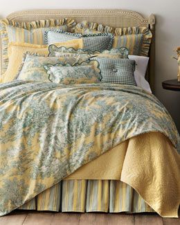 Pale Yellow Bedding, Toile Bedding, French Country Bedding, Classic Bedding, Country Bedding, French Country Bedrooms, Yellow Bedding, Bed Linen Design, White Linen Bedding