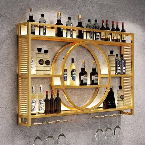 Wall Mounted Metal Wine Rack Liquor Bottle Display Shelf, Modern Bar Unit Floating Wine Glass Holder Iron Hanging Wine Shelves for Home Restaurant Bars Storage Stand (Gold, 39.4"x 5.9"x 31.5") : Amazon.ca: Home Modern Wine Storage, Wall Mounted Display Cabinets, Wall Mounted Kitchen Storage, Iron Wine Rack, Mounted Wine Rack, Liquor Shelf, Wine Rack Bar, Wall Mounted Bar, Hanging Wine Rack