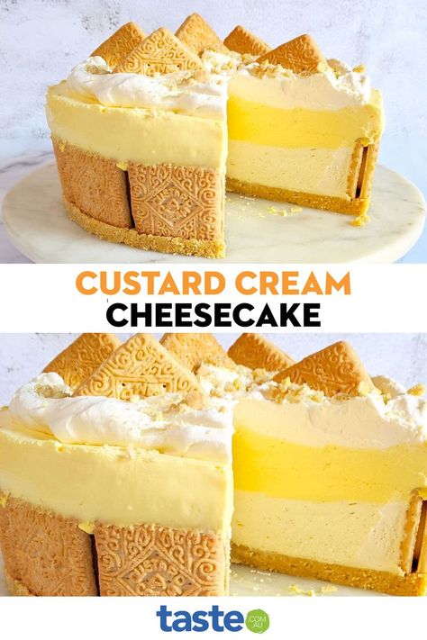 Custard Cream Cheesecake, Unique Cheesecake Recipes, Unique Cheesecake, Lemon Crisp, New Desserts, Custard Creams, Chocolate Bowls, Strawberry Cheesecake Recipe, Baked Custard