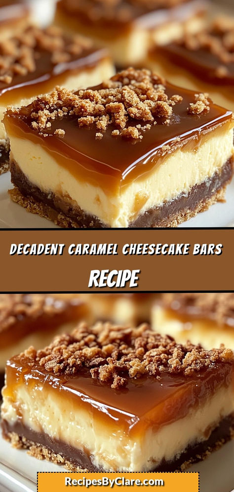 Indulge in the luxurious sweetness of Caramel Cheesecake Bars. These bars feature a buttery graham cracker crust, a rich and creamy cheesecake layer, and a decadent drizzle of caramel. Perfectly balanced with a hint of sea salt, they make for an irresistible dessert that's sure to impress.

Ingredients:

1 1/2 cups graham cracker crumbs
2 (8 oz) packages cream cheese, softened
1/2 cup caramel sauce
3 large eggs Super Sweet Desserts, Salted Caramel Cheesecake Bars, Salted Caramel Cheesecake Cookies, Caramel Recipes Desserts, Cheesecake Bars 9x13, Square Desserts, Salted Caramel Dessert, No Bake Cheesecake Bars, Caramel Cheesecake Bars