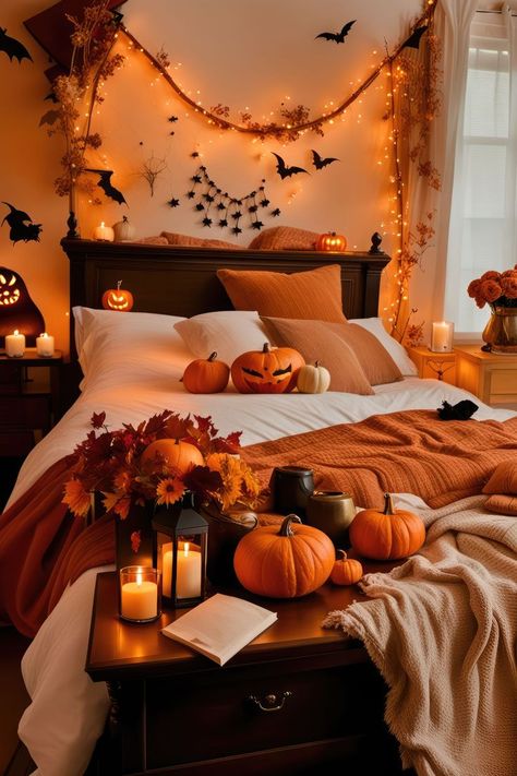 Enchanting Halloween: Elevate Your Home's Eerie Aura 🦇 Halloween Living Room Aesthetic, Halloween Themed Living Room, Halloween Decorations Living Room, Halloween Apartment Decor, Halloween Themed Bedroom, Halloween Bedroom Aesthetic, Fall Room Ideas, Halloween Apartment, Halloween Decor Indoor