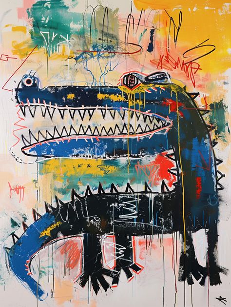 Basquiat Crocodile Painting Andy Warhol Basquiat Painting, Famous Graffiti Art, Basquiat Living Room, Basquiat Art Style, Punk Painting Ideas, Jean Basquiat Art, Basquiat Wallpaper, Basquiat Inspired Art, Crocodile Painting