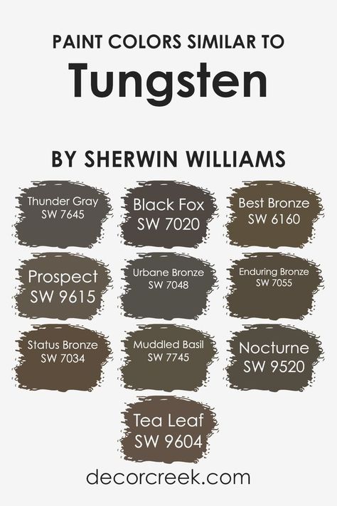 Similar colors like Tungsten by Sherwin Williams play a crucial role in design, offering cohesion and subtlety. Exploring related hues allows for balanced environments that feel both designed and organic. Recommended colors: SW 7645 Thunder Gray, SW 9615 Prospect, SW 7034 Status Bronze, SW 9604 Tea Leaf, SW 7020 Black Fox, SW 7048 Urbane Bronze, SW 7745 Muddled Basil, SW 6160 Best Bronze, SW 7055 Enduring Bronze, SW 9520 Nocturne. Tungsten Sw Paint, Sw Enduring Bronze, What Colors Go With Urbane Bronze, Sw Stunning Shade, Sw Muddled Basil, Tungsten Sherwin Williams, Status Bronze Sherwin Williams, Enduring Bronze Sherwin Williams, Muddled Basil Sherwin Williams