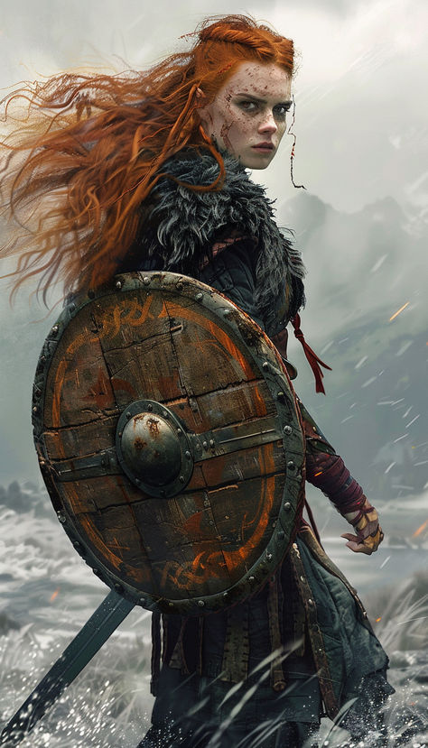 Red Haired Viking Warrior Shield Maiden Viking Shield Maiden Art, Shield Maiden Art, Vikings Aesthetic, Viking Valkyrie, Female Viking, Viking Shield Maiden, Warrior Shield, Viking Warrior Woman, Celtic Shield