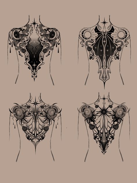 Symmetric Back Tattoo, Ornate Back Tattoo, Large Lower Back Tattoo, Tattoo Bodysuit Woman, Blackwork Back Tattoo, Full Back Piece Tattoos For Women, Back Tattoo Goth, Types Of Tattoo Styles, Symmetrical Shoulder Tattoo