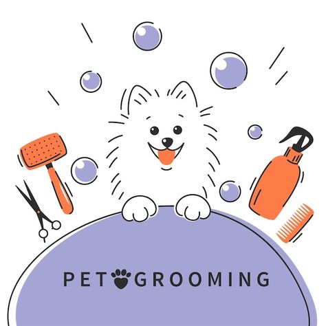 Pet Grooming Illustration, Dog Grooming Advertising Ideas, Dog Grooming Illustration, Dog Grooming Aesthetic, Dog Groomer Logo, Grooming Salon Logo, Pet Grooming Logo, German Spitz Dog, Pet Shop Logo Design