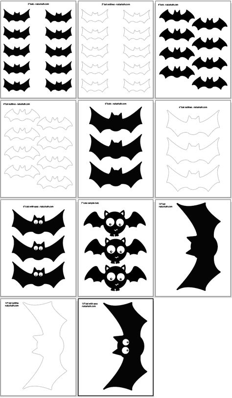 Get ready for Halloween with these printable bat templates and outlines! This collection features 11 bat templates and outlines from just 3" across up to 10" across. There are bat outlines as well as filled in bat silhouettes. There are even cute bats with eyes! Please see the listing images for a preview of everything. Here are a few ideas for how to use these bat templates: Use them as coloring pages and have your little one decorate them with googly eyes Use them as patterns to make window cl Halloween Templates Free Printable, Make Window Clings, Bat Outline, Bat Template, Cute Bats, Paper Bat, Bat Decorations, School Halloween Party, Bat Silhouette