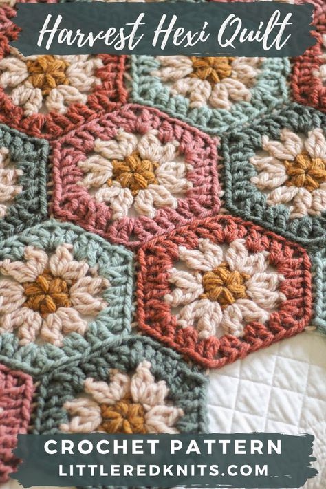 The Harvest Hexi Quilt is a modern take on a classic crochet design – the Granny Square. These hexagons use harvest inspired colors to create a beautiful motif throw that you can pass down from generation to generation. Crocheted Blanket Granny Square, Granny Square Blanket Designs, Granny Square Blanket Modern, Daisy Hexagon Crochet, Puffy Flower Granny Square, Crochet Stitches Granny Squares, Crochet Blanket Granny Square Modern, Hexi Crochet Blanket, Crochet Blanket Squares Pattern