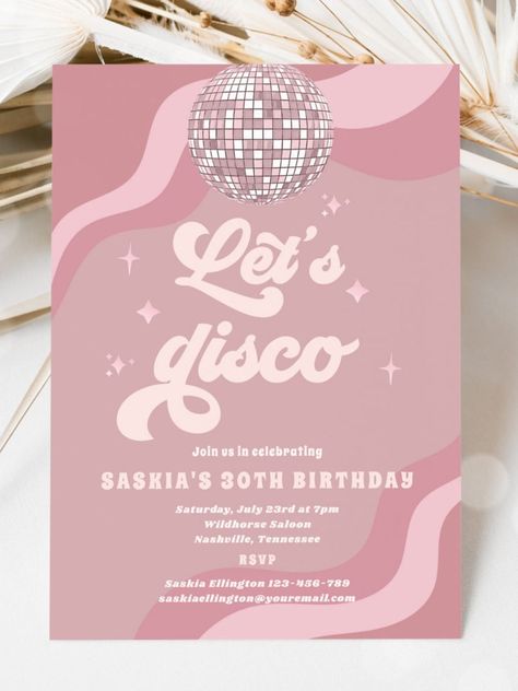 Groovy Retro 70s Let's Disco Birthday Party Invitation #groovy #30th #thirties #disco #funky #retro #birthday #happybirthday #birthdaycards #birthdayparty #thirtybirthday 70s Disco Birthday Party, Disco Invite, 70s Themed Birthday Party, Retro Birthday Parties, Cheer Banquet, Disco Birthday, Disco Birthday Party, Disco Theme, 60th Birthday Invitations