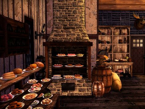 Bakery Interior Design Vintage, Medieval Bakery Aesthetic, Medieval Bakery, Sims 4 Medieval, Medieval Objects, Medieval Food, Village Bakery, Rustic Bakery, Sims Medieval