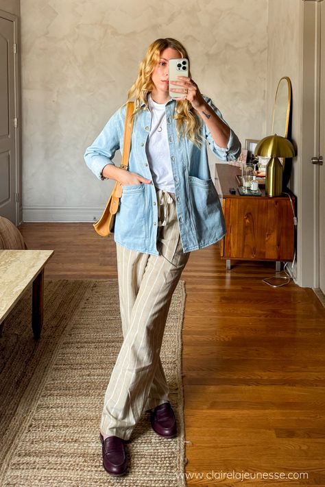 The Will Jacket from Sézane is just divine. Its giving vintage chore coat vibes and I just adore it. I paired with a breezy pair of linen pants, oxford mule slides, a classic white tee, and a vintage coach bag. This is an easy spring outfit idea or great transitional spring outfit idea. #chorecoat #springoutfitidea #linenpantsoutfit #coastalgrandmotheraesthetic Chore Coat Outfit, Simple Spring Outfits, Mule Slides, Spring Outfit Idea, Linen Pants Outfit, Vintage Coach Bag, Vintage Coach Bags, Coat Outfit, Jenni Kayne