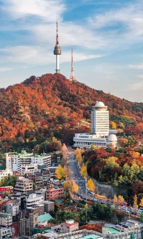 Seoul Fall Aesthetic, South Korea Aesthetic, Seoul Aesthetic, Seoul Photography, Aesthetic Christmas Wallpaper, Korea Photography, Fall Aesthetic Wallpaper, Autumn In Korea, Namsan Tower