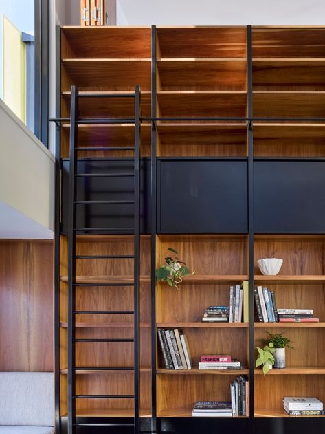 Tarragindi Steel House - Bligh Graham Architects Steel Bookshelf, Brisbane Architects, Furniture Graphic, Library Ladder, Joinery Details, Steel Shelving, Suburban House, Double Height, Two Storey House