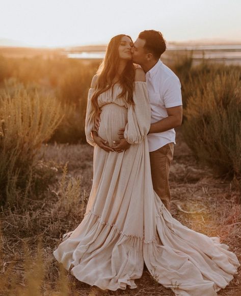 Maternity Photo Shoot Flowy Dress, Tan Dress Maternity Photos, Cream Dress Maternity Shoot, Lukalula Maternity Dress, Simple Boho Maternity Photos, Mens Outfit For Maternity Photos, Champagne Maternity Dress Photoshoot, Maternity Photo Shoot Ideas White Dress, Fall Beach Maternity Photoshoot