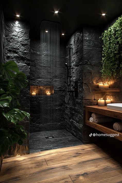 Dark Shower Room Ideas, Statement Master Bath, Rustic Luxe Bathroom, Dark House Decor Interiors, Black House Interior Design Bathroom, Black Home Astethic, Cave Style Bathroom, Stone Tub Surround, Dark Barndominium Ideas