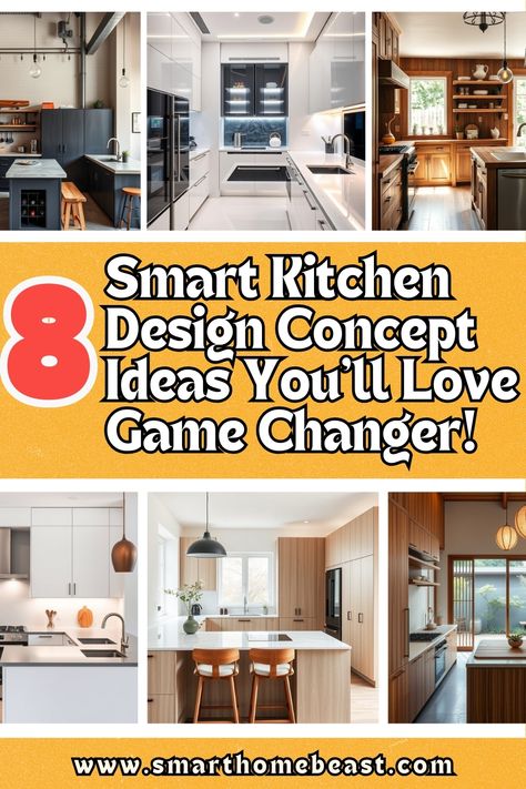 An image showcasing a collection of smart kitchen design concepts, featuring sleek modern kitchens, rustic farmhouse setups, minimalist interiors, and high-tech designs with futuristic elements. Smart Kitchen Design, Kitchens Rustic, High Tech Kitchen, Kitchen Innovation, Farmhouse Vibes, Kitchen Tech, Modern Ideas, Life Kitchen, Concept Ideas