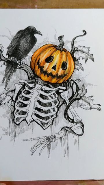 Halloween Art Projects, Fall Drawings, Pumpkin Drawing, Halloween Artwork, Halloween Drawings, Halloween Painting, Dark Art Drawings, Arte Inspo, Art Drawings Sketches Creative