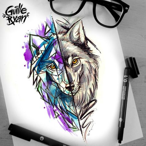 Watercolour Wolf Tattoo, Colorful Wolf Tattoo, Wolf Tattoo Color, Why Not Tattoo, Bae Tattoo, Spirit Animal Tattoo, Geometric Watercolor Tattoo, Watercolor Wolf Tattoo, Howling Wolf Tattoo