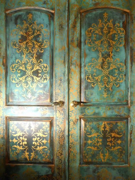 Turquoise and Gold Stenciled Doors, Stencil Furniture, Faux Painting, Ppt Design, Paint Acrylic, Bedroom Doors, Hand Painted Furniture, Beautiful Doors, Milk Paint