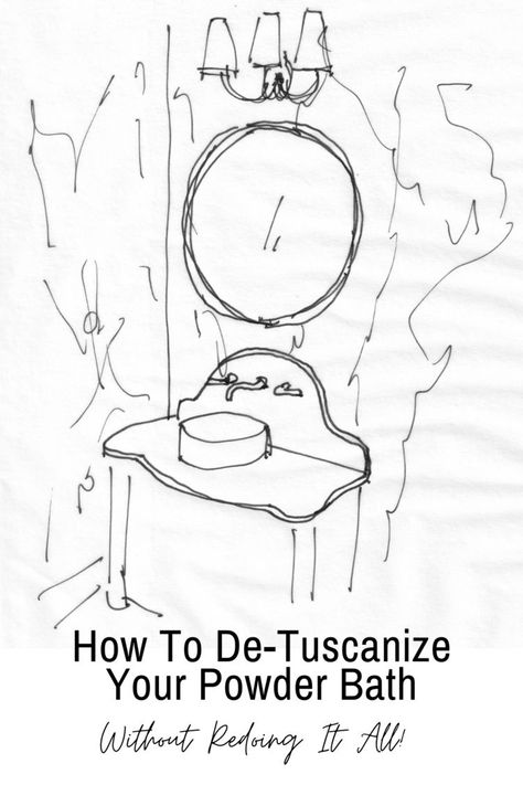 Click through for all the details and links to products that can update a Tuscan style powder bathroom! Update Tuscan Bathroom, Tuscan Bathroom Update, Updating Tuscan Style, Travertine Bathroom Update, Tuscan Style Bathroom, White Powder Room, Transitional Powder Room, Tuscan Tile, European Interiors