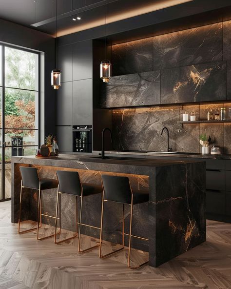 Dark Kitchen Color Schemes: A palette of deep blues, greens, or grays in a sophisticated kitchen Grey With Gold Kitchen, Stunning Kitchens Modern, Top Kitchen Designs, Italian Kitchen Design, Model Dapur, Interior Dapur, Bella Collina, Condo Kitchen, Kitchen Interiors