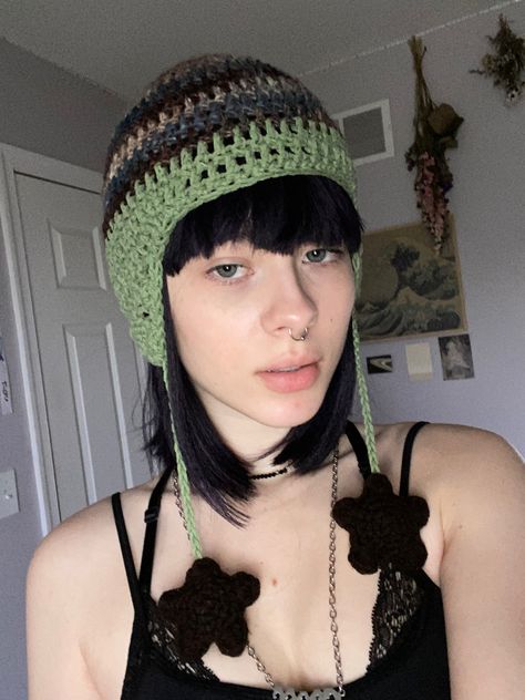 Cat Hat Aesthetic, Knit Cat Hat, Alt Ideas, Ear Flap Beanie, Y2k Hats, Knit Cat, Y2k Hat, Hat Aesthetic, Hippie Crochet