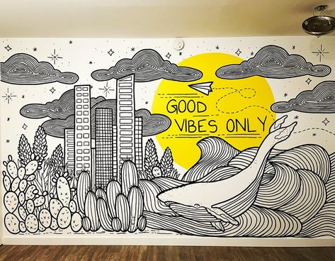 Mural Artist and Illustrator, Austin, TX- Murals — Avery O Design Austin Murals, Ocean Mural, Mural Cafe, Doodle Wall, Office Mural, Mural Artist, Line Doodles, Flower Mural, School Murals