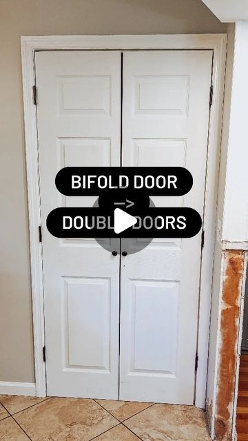 Pantry Door Ideas Double Doors, Hallway Double Doors, Hall Doors Ideas, Bifold Door To French Door Diy, Pantry Double Door Ideas, Bifold To French Doors Diy, Pantry Bifold Door Ideas, Bifold Doors Diy, Double Door Pantry Ideas