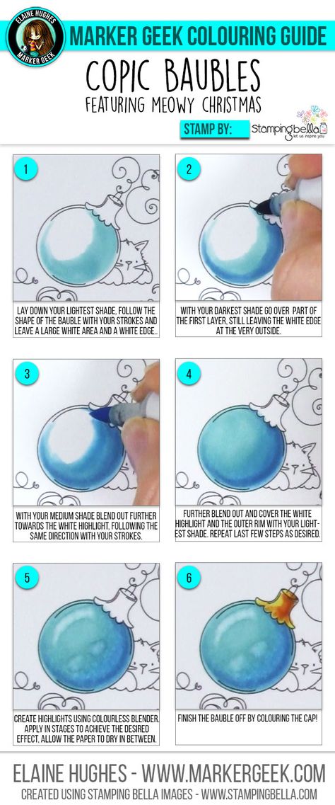 Marker Geek: Copic Colouring Christmas Baubles. Click through for the step by step, colouring video and tips! Using Copic Markers, How To Blend With Markers, Alcohol Markers Tips, How To Use Copic Markers, How To Use Markers, How To Blend Alcohol Markers, How To Draw With Alcohol Markers, Alcohol Marker Doodles, How To Blend Markers